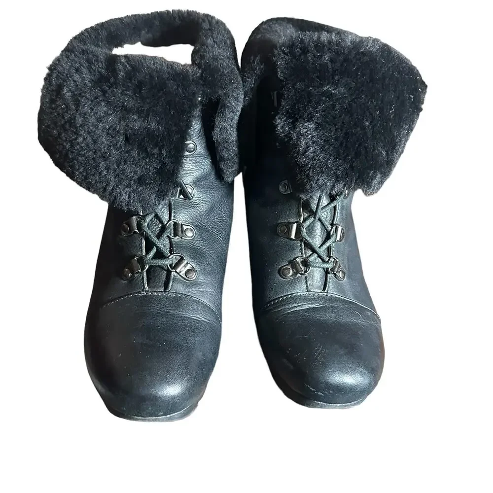 Gentle Souls Barnesicle Black Leather Fur Trim Ankle Boots 7.5M